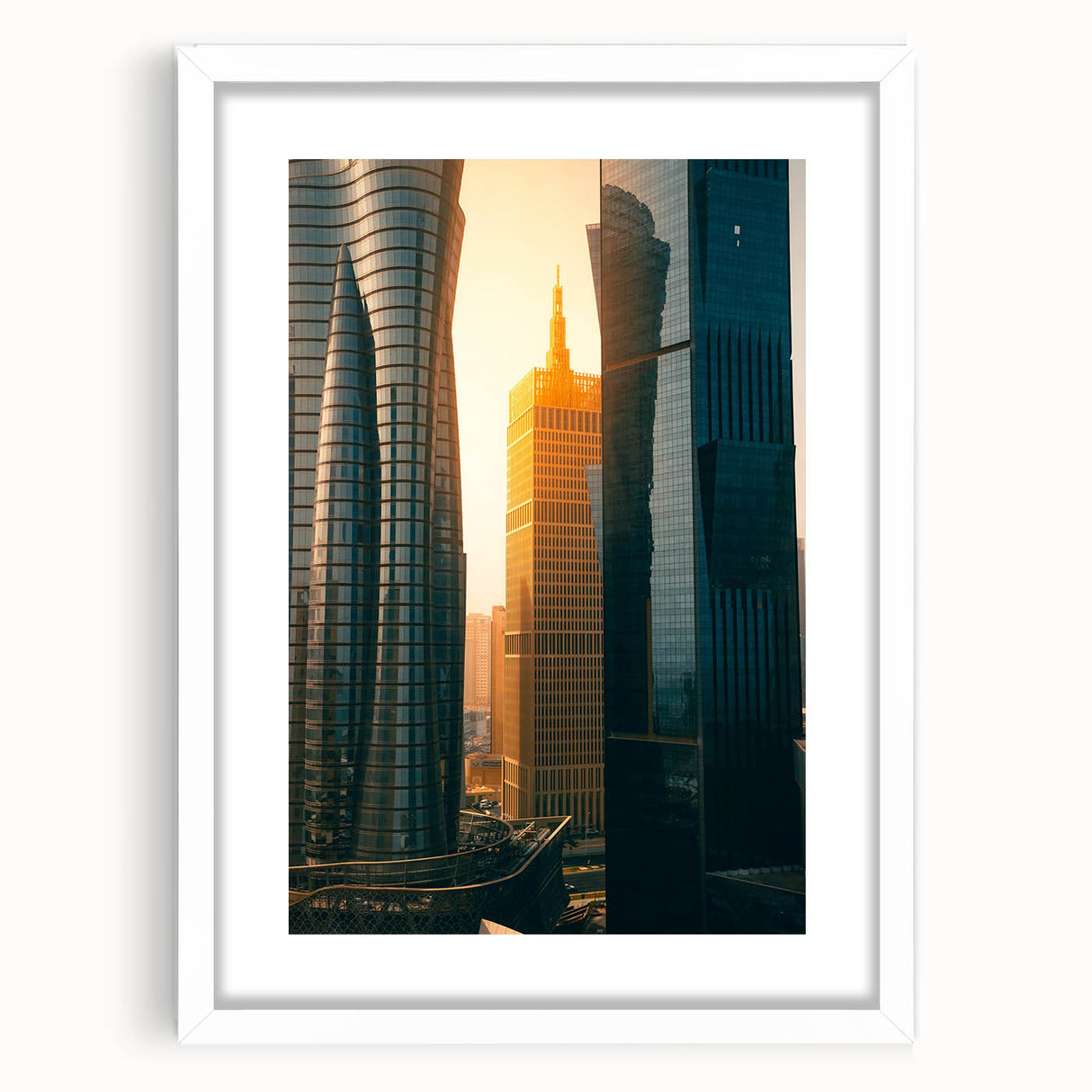 Abstract art print of Qatar scenery in muted earth tones on a white framed canvas, ideal for dining room decor.