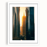 Abstract art print of Qatar scenery in muted earth tones on a white framed canvas, ideal for dining room decor.
