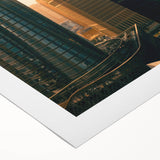 Art Deco poster featuring the Doha, Qatar skyline in muted gold and navy tones on rolled canvas.