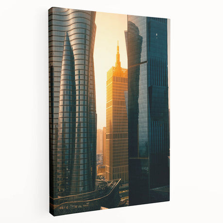 Side view of a stretched canvas featuring a Qatar cityscape in muted earth tones, ideal for kitchen wall art.