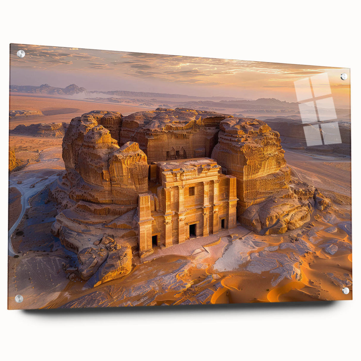 Acrylic print of a large abstract depiction of a Middle Eastern desert scene in earthy tones.