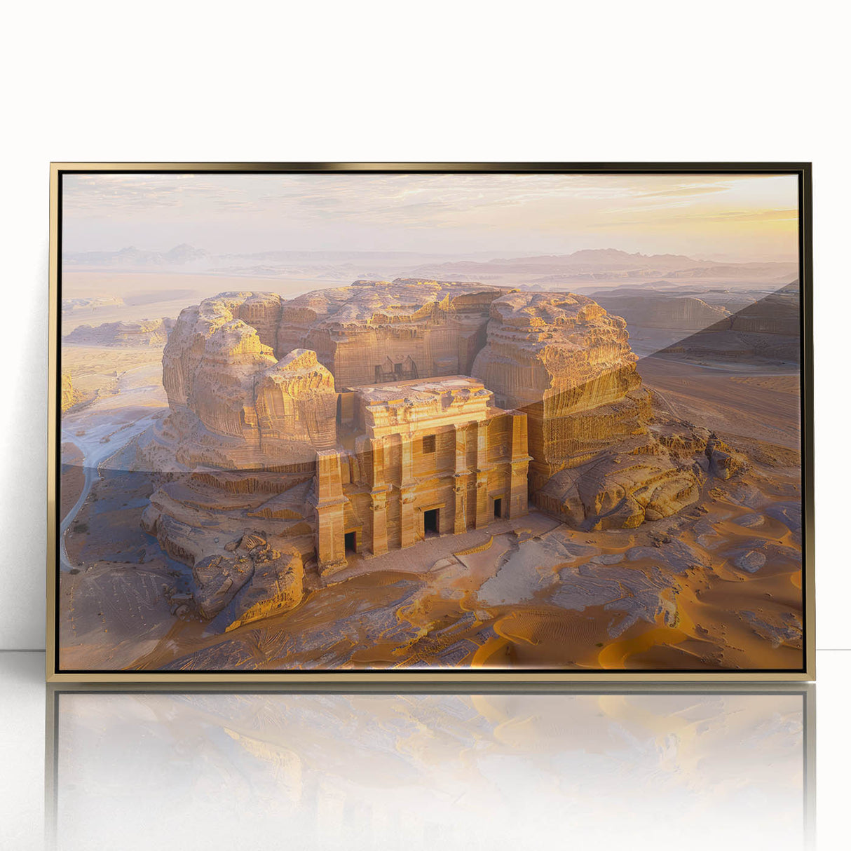 Framed acrylic print of a mid-century modernist Saudi Arabian landscape in gold and earth tones.