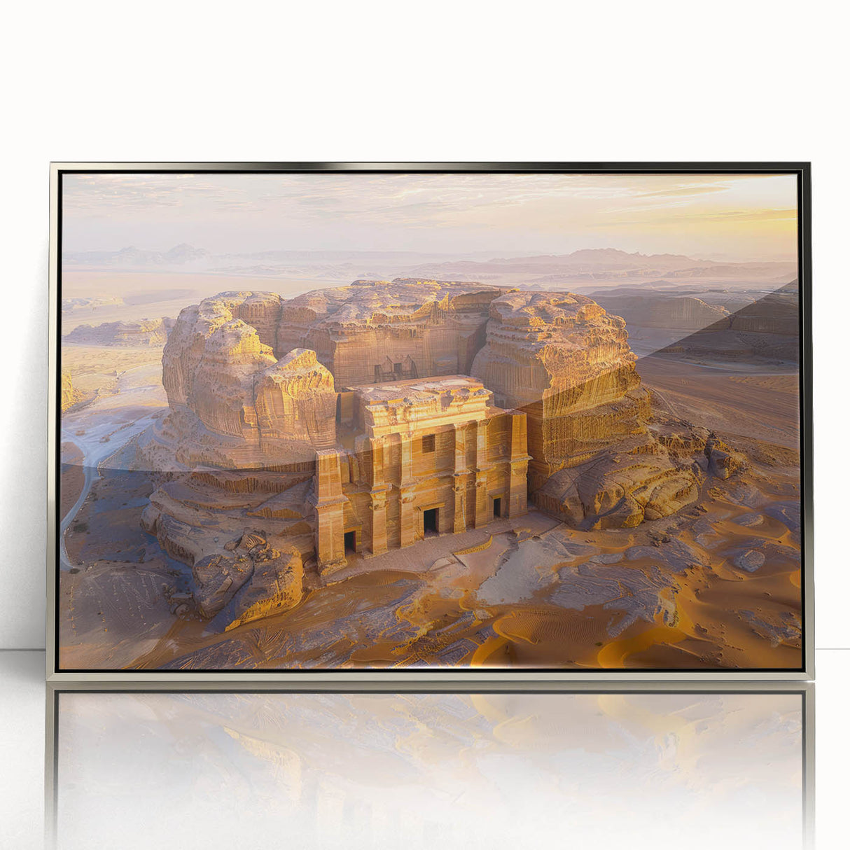Mid-century modernist acrylic print of a Saudi Arabian landscape in muted earth tones, ideal for nursery wall decor.