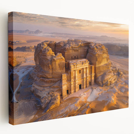 Large stretched canvas depicting a serene Middle Eastern landscape in earthy tones, ideal for kitchen wall art.