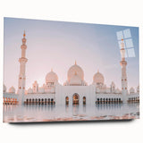 Large abstract wall art of Abu Dhabi skyline in muted blue and gray tones on acrylic glass.