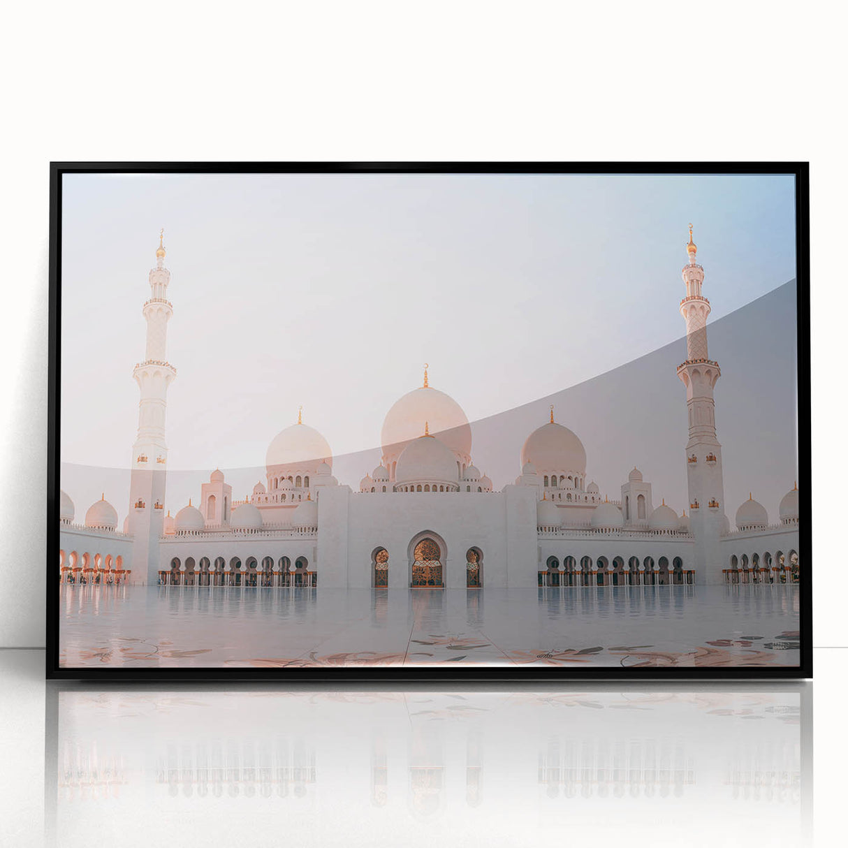 Large abstract wall art featuring a minimalist Abu Dhabi skyline in black and gray tones on a framed acrylic.
