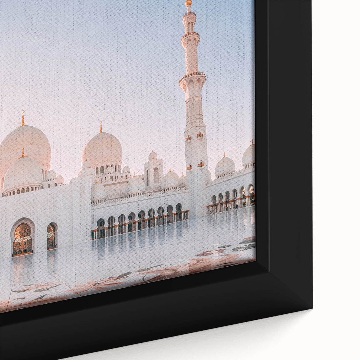 Extra large black wall art featuring a textured Abu Dhabi skyline on a framed canvas with colorful accents.