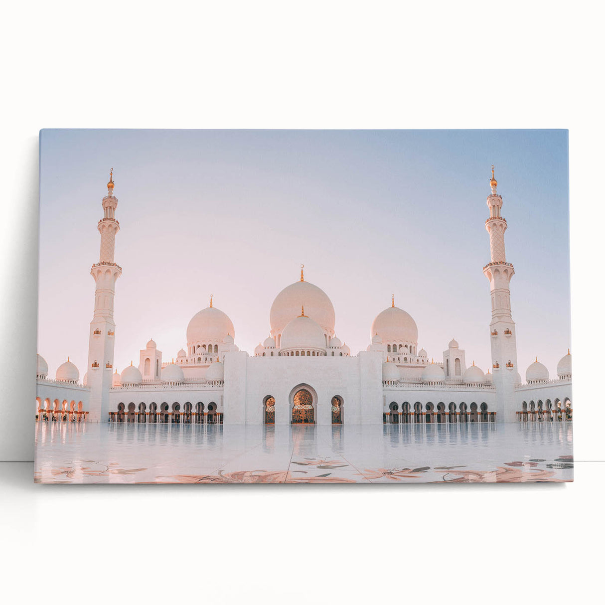 Black and white panoramic view of Abu Dhabi skyline on stretched canvas, ideal for kitchen wall art.