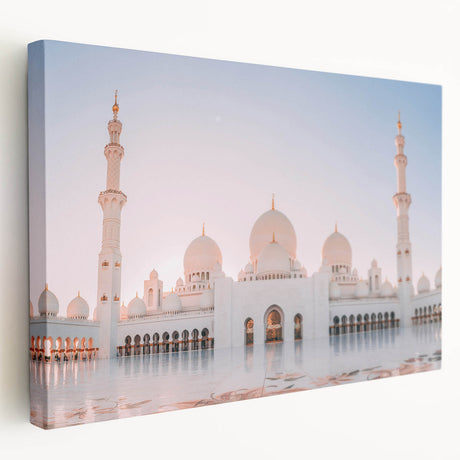 Panoramic view of Abu Dhabi skyline in muted earth tones on a stretched canvas, suitable for kitchen wall art.