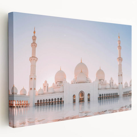 Panoramic view of Abu Dhabi skyline in muted earth tones on a stretched canvas, suitable for kitchen wall art.
