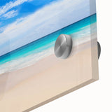 Large abstract wall art of Oceania's Fiji scenery in vibrant blues and greens on acrylic glass, suitable for dining room art.