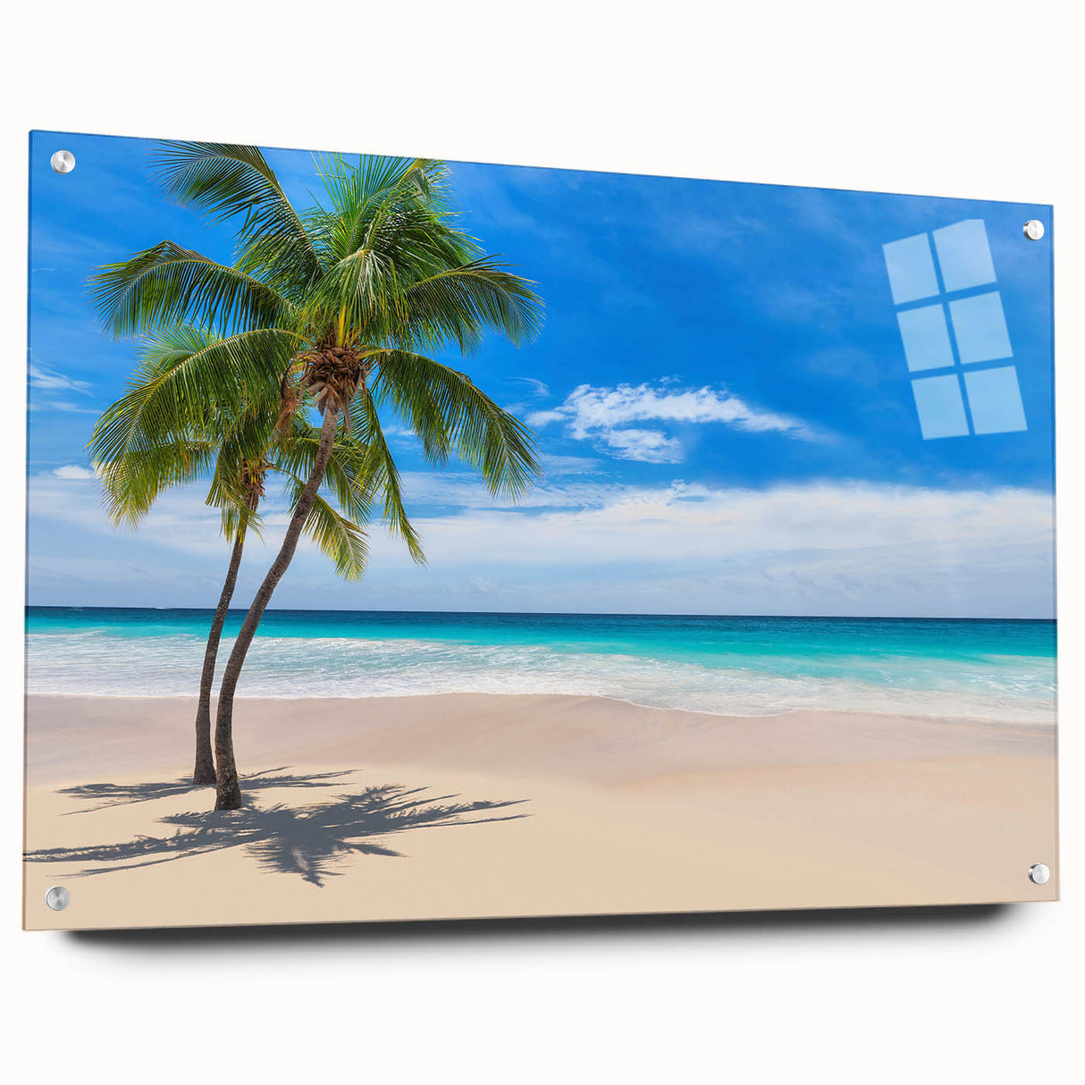 Large abstract wall art depicting an oceanic Fiji scenery in muted blue and green shades, printed on acrylic glass.