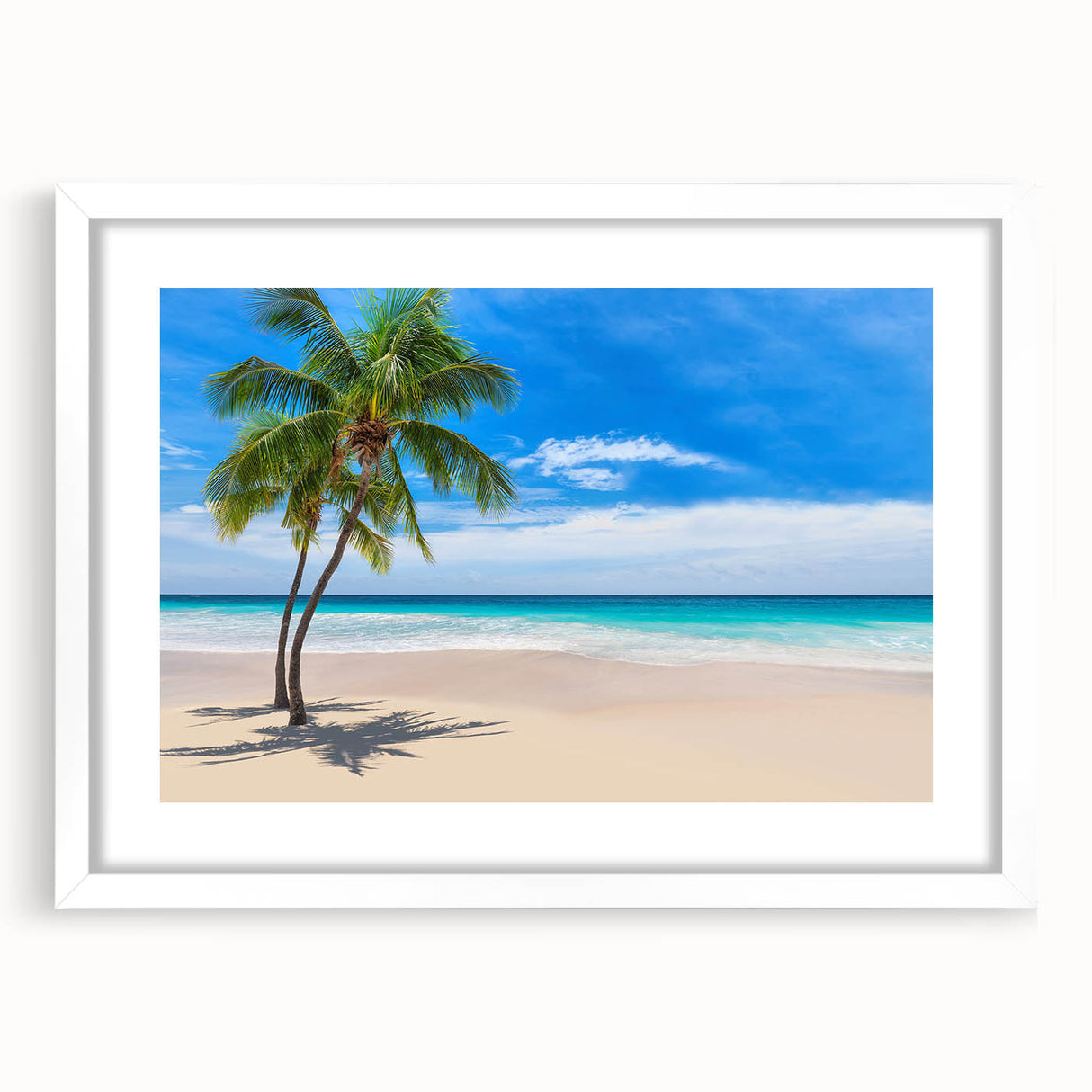 Abstract art print of a serene Fiji beachscape in muted blue and green tones on a framed white mat.