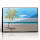 Large abstract wall art depicting a serene oceanic scene in muted blue and gray tones on a framed acrylic.