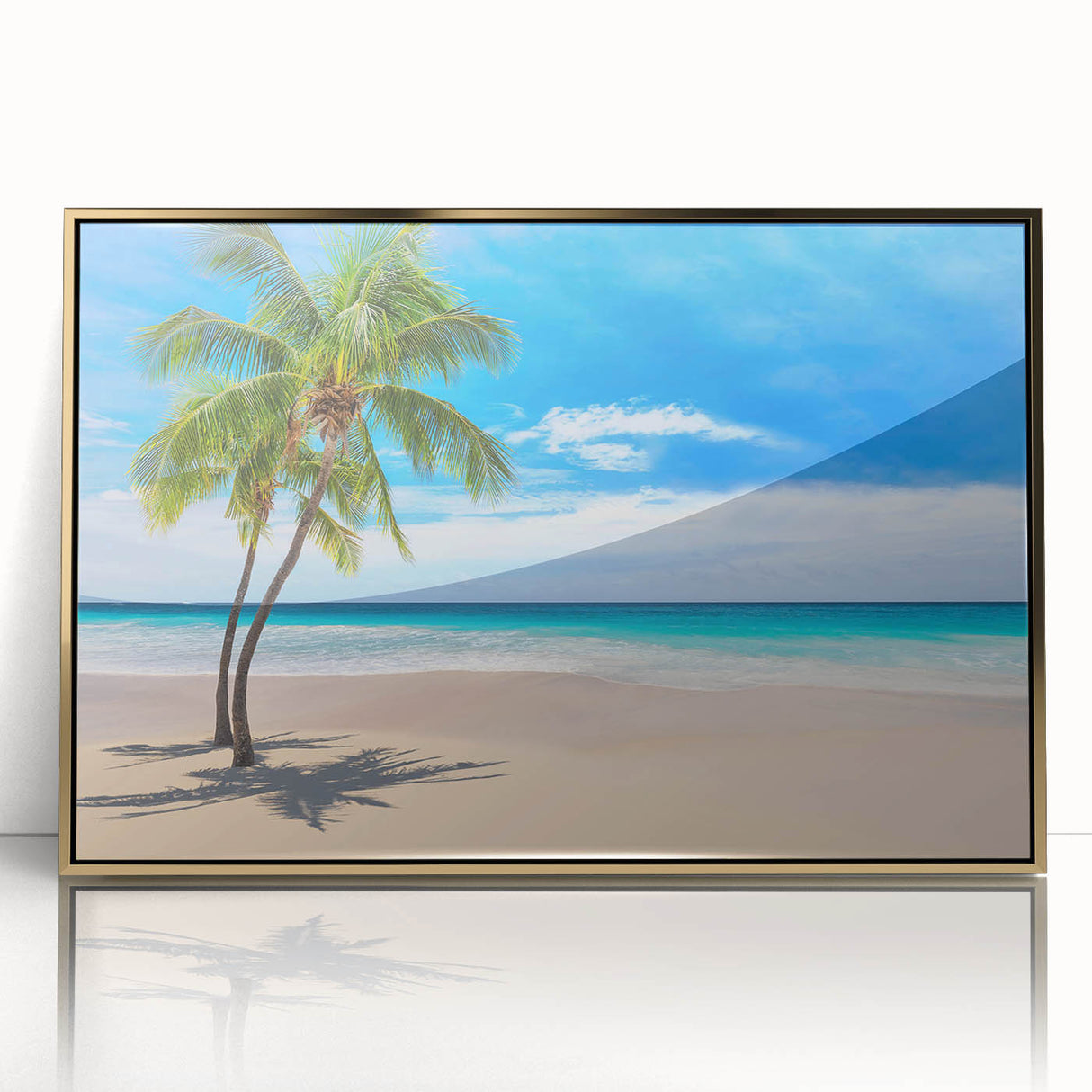 Large art print of a Fiji beach scene in mid-century modernist style, using muted blue and green tones.