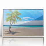 Art deco poster of a serene Fiji beach scene, rendered in muted pastel shades on a framed acrylic.