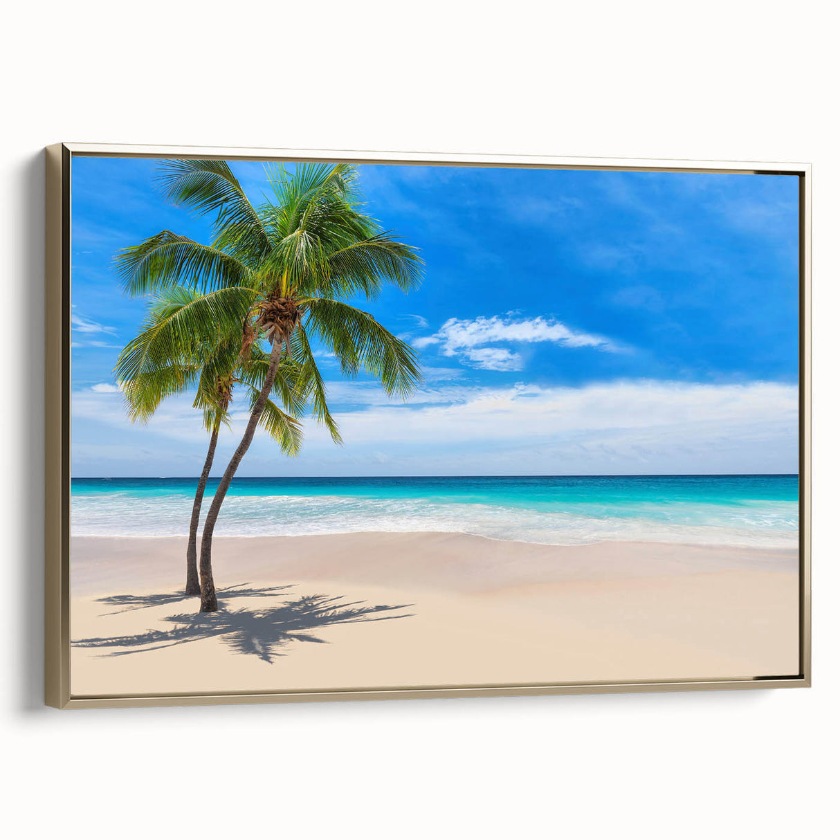 Framed canvas featuring a vintage-style landscape painting of Fiji with muted gold and black tones.