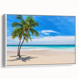 Vintage poster art of a scenic Fiji coastline on framed canvas, featuring vibrant blue and green tones.