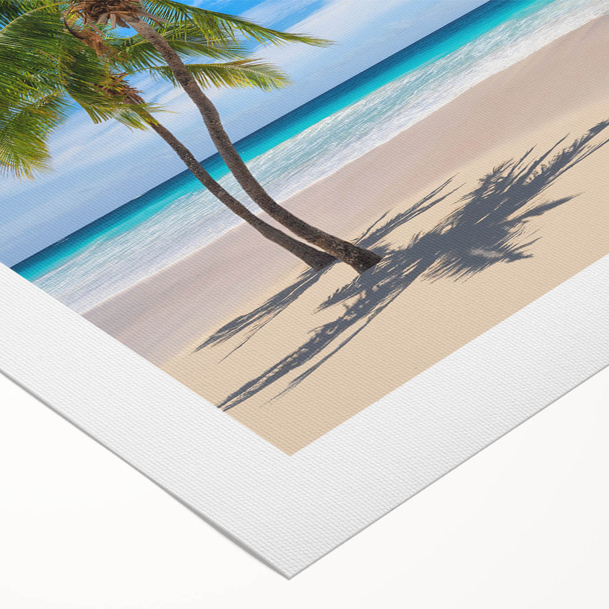 Art deco poster of a serene Fiji beach scene, featuring soft pastel shades on rolled canvas.
