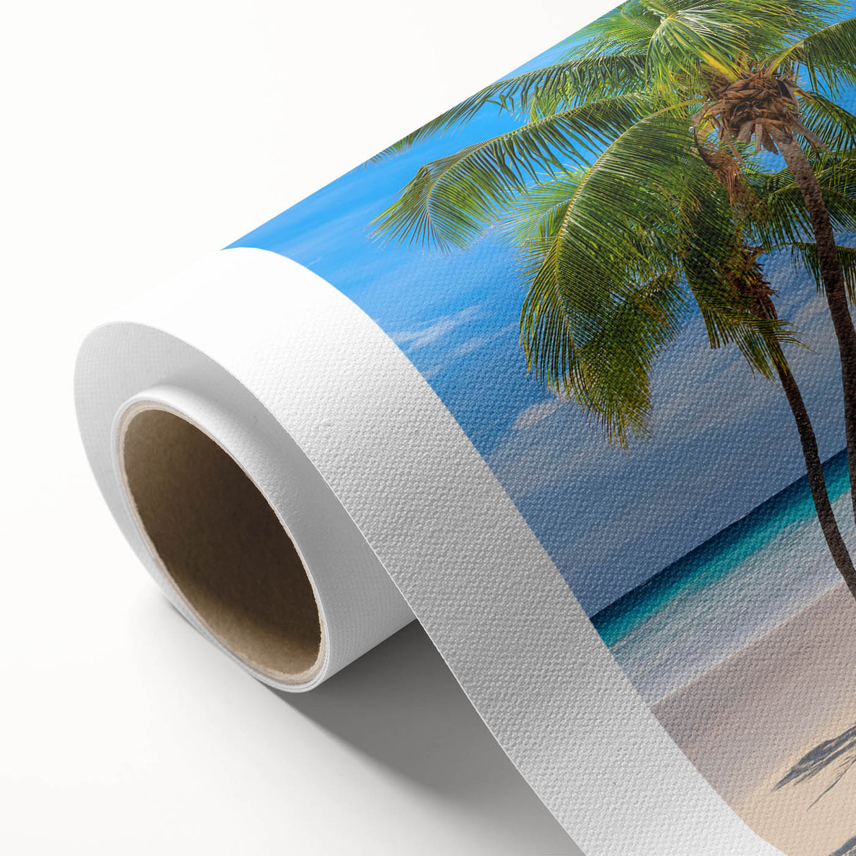 Art Deco style poster of a serene Fiji landscape in muted blue and green tones, printed on rolled canvas.
