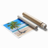 A large rolled print of a serene Fiji beach scene with soft blue and green tones.