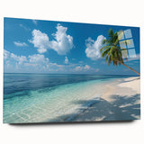 Acrylic print of a serene Bora Bora seascape in soft blue and green tones, suitable for bedroom or dining room decor.