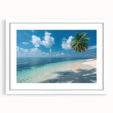 Abstract art print of Bora Bora scenery in muted blue and white tones on a framed canvas.