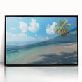 Large abstract wall art of Bora Bora's oceanic scenery in black frame, ideal for modern living room decor.