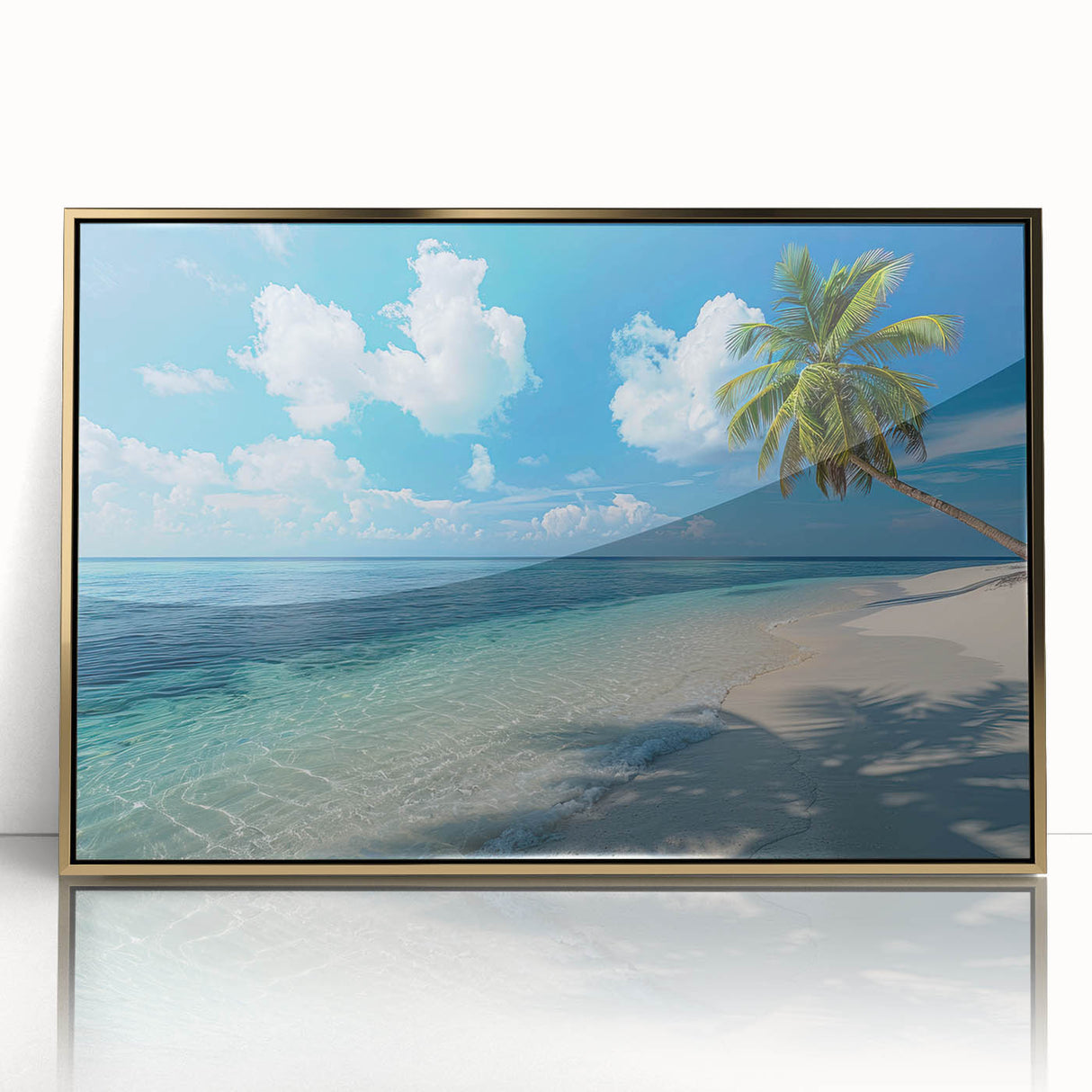 Mid-century modernist acrylic print of Bora Bora scenery, in vibrant blue and green tones, framed in gold.