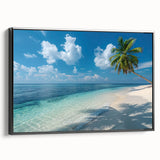 Black and white framed canvas of a Bora Bora landscape, ideal for bedroom wall art.