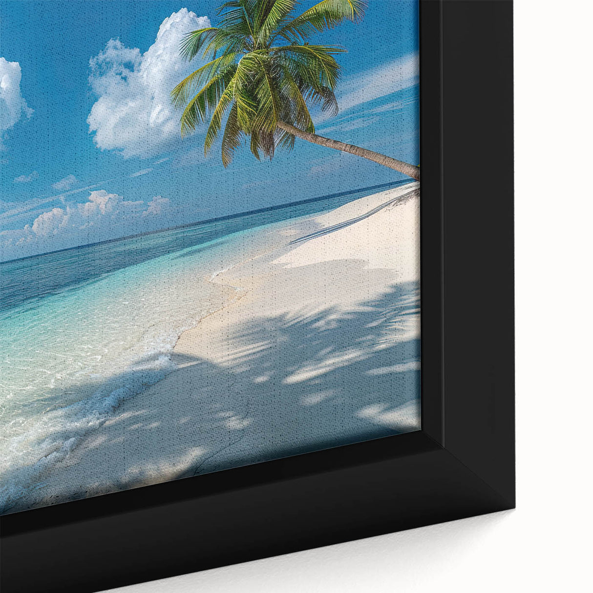 Framed canvas depicting a black textured art scene of Bora Bora with vibrant ocean and sky colors.