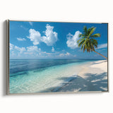 Framed canvas landscape art painting of Bora Bora, featuring vibrant blue waters and lush green islands.