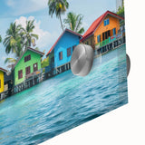 Large abstract wall art of Tahitian scenery in mid-century modernist style on acrylic glass, ideal for dining room art.