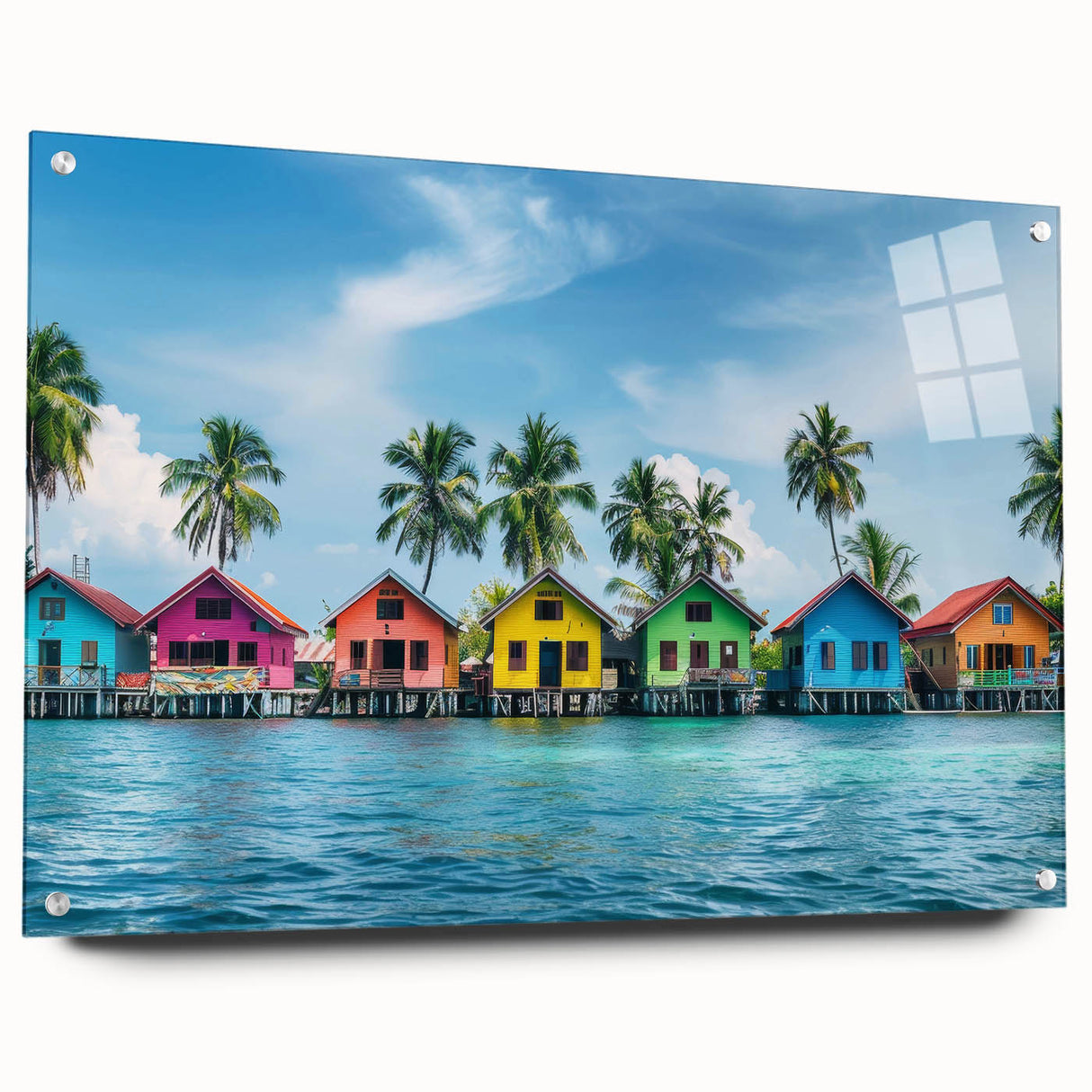 Acrylic print of a Tahitian landscape, featuring lush greenery and ocean blues, ideal for dining room decor.
