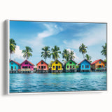 Extra large framed canvas of abstract, colorful art depicting Tahiti scenery in vibrant tones, ideal for living room decor.