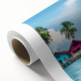 Art Deco style poster of Tahiti scenery on rolled canvas, featuring serene blue and green tones, ideal for nursery wall art.
