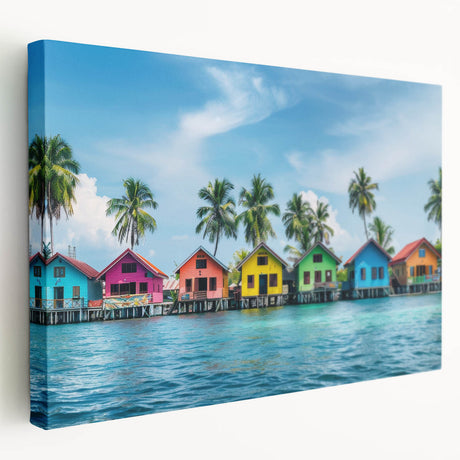 Large stretched canvas depicting a serene Tahitian landscape in cool blues and greens, ideal for kitchen wall art.