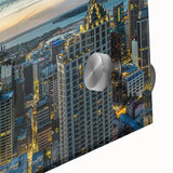 Mid-century modernist abstract of Auckland skyline in muted blue and gray on large acrylic glass, ideal for dining room art.