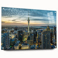 Acrylic print of Auckland skyline with muted blue and gray tones, ideal for dining room art.