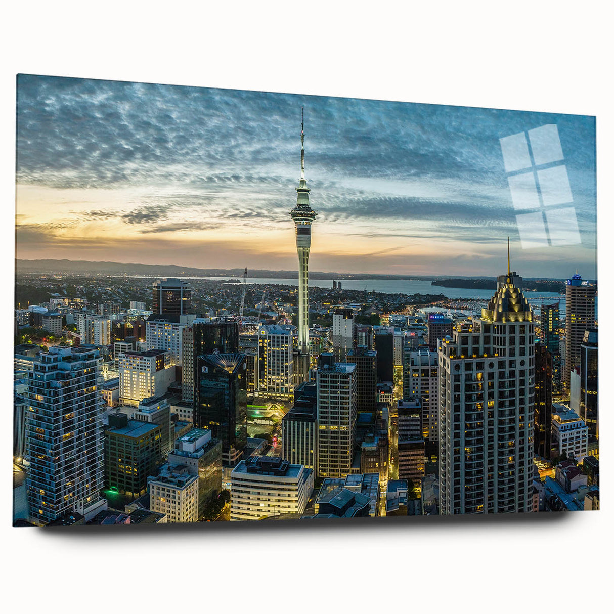 Acrylic print of Auckland skyline in muted blue tones, ideal for bedroom or dining room decor.