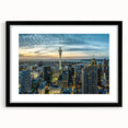 Extra large, colorful abstract art print of Auckland scenery on textured canvas, framed in black.