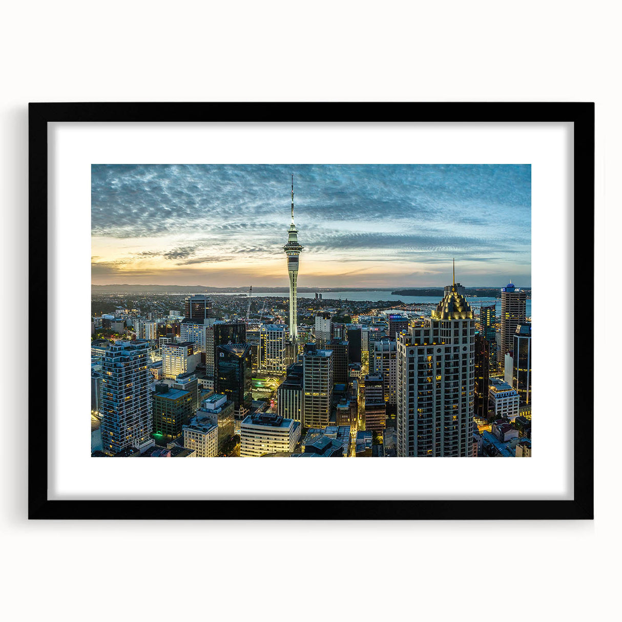 Extra large, colorful abstract art print of Auckland scenery on textured canvas, framed in black.