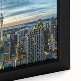 Extra large framed canvas featuring a textured depiction of Auckland's skyline in black with colorful accents.