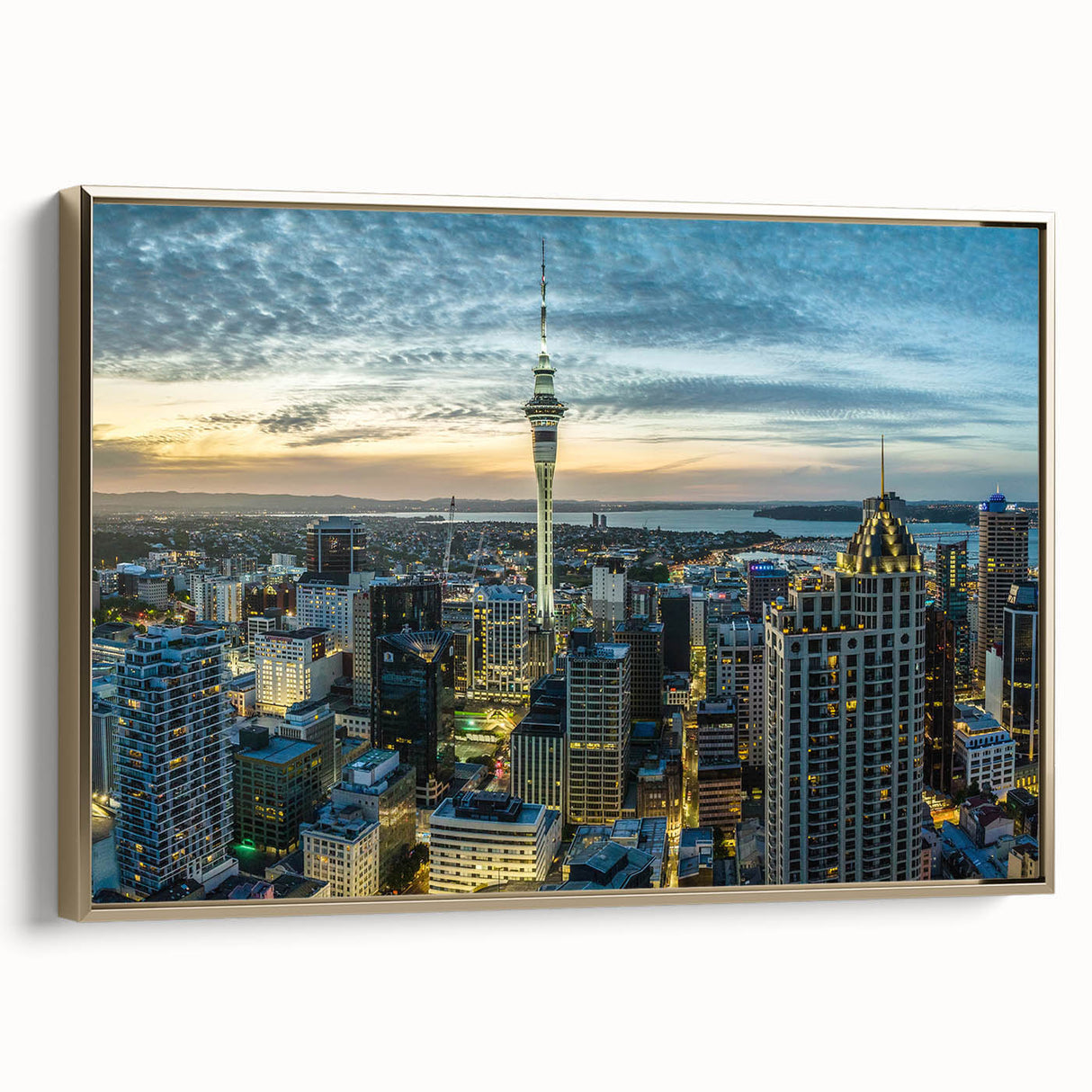 Vintage poster art of Auckland landscape in black and gold tones on framed canvas, ideal for bedroom wall decor.