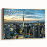 Vintage poster art of Auckland landscape in black and gold tones on framed canvas, ideal for bedroom wall decor.