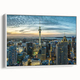 Framed vintage poster art of Auckland skyline in vibrant colors on white canvas, ideal for living room decor.