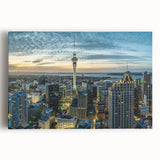Black and white photograph of Auckland skyline on stretched canvas, ideal for kitchen wall art.