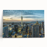 Black and white photograph of Auckland skyline on stretched canvas, suited for kitchen wall art or bedroom ambiance.