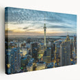 Panoramic view of Auckland skyline in muted blue and gray tones on a stretched canvas, suitable for kitchen wall art.