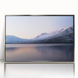 Mid-century modernist art of Canterbury, New Zealand landscape in muted earth tones, silver-framed acrylic print.